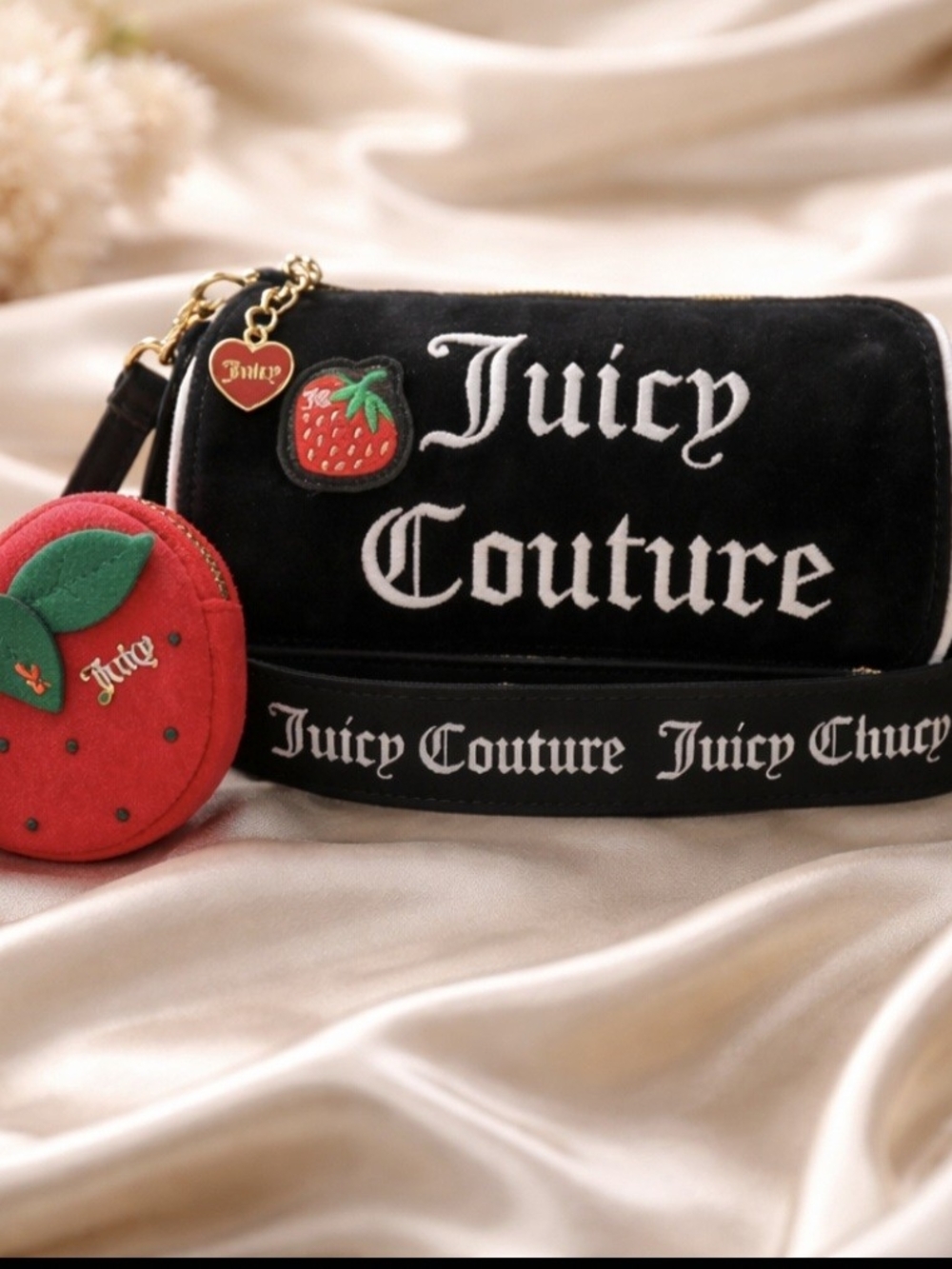 Juicy Couture Black Velvet Logo Crossbody Bag with Strawberry Charm